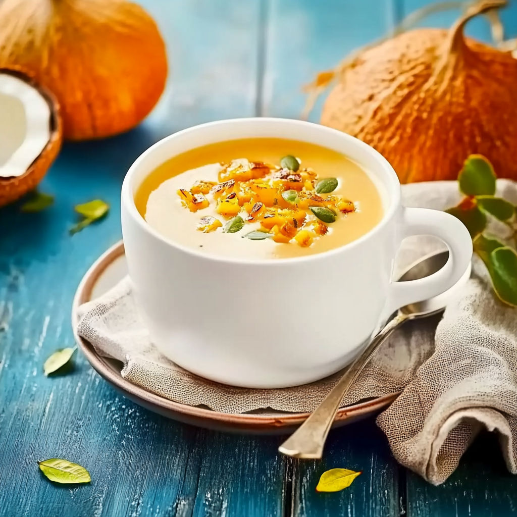 A cup of soup with a spoon in it.