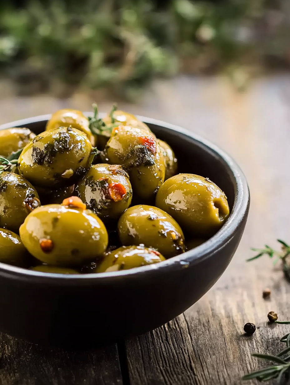 A bowl of green olives.