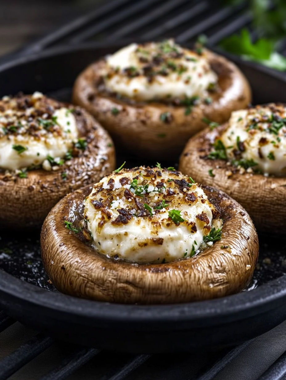 A close up of a mushroom with cheese on top.