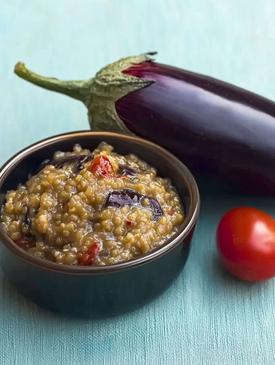 A bowl of food with a tomato and a pepper.