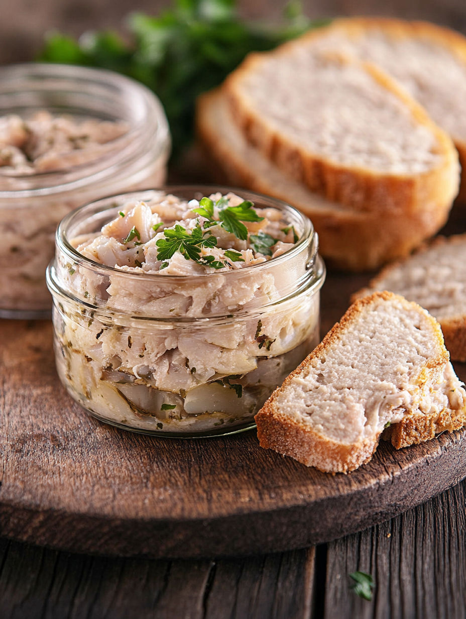 A glass jar of food with a slice of bread.