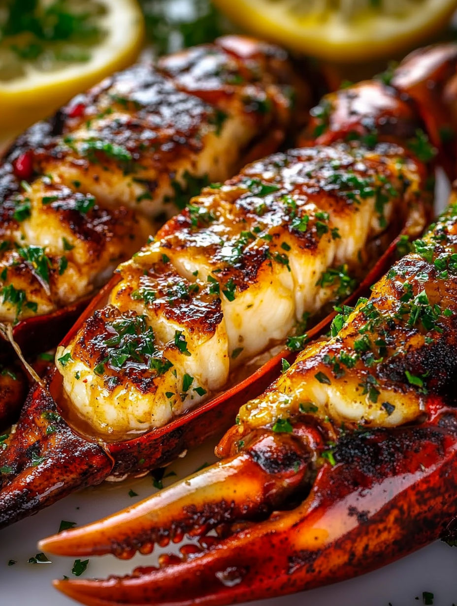 A plate of cooked lobster with herbs.