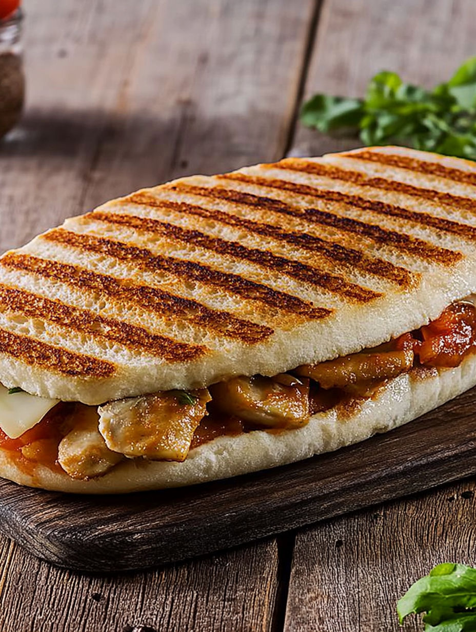 A sandwich with meat and cheese on a wooden table.