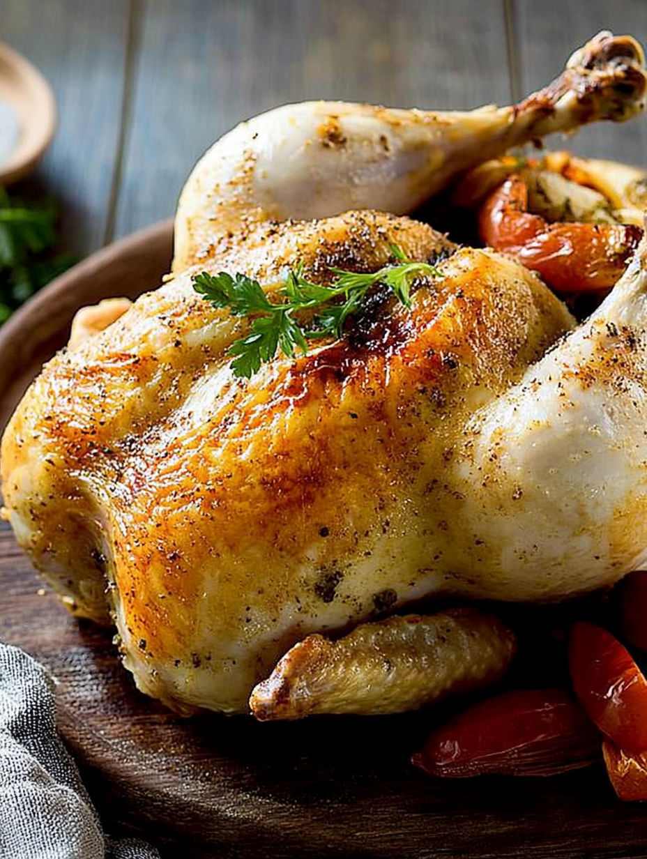 A roasted chicken with a sprig of parsley on top.