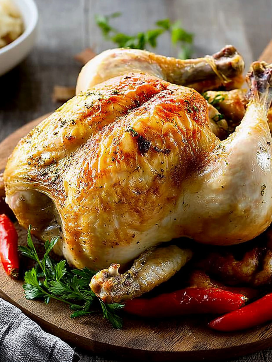 A roasted chicken with a side of red peppers.