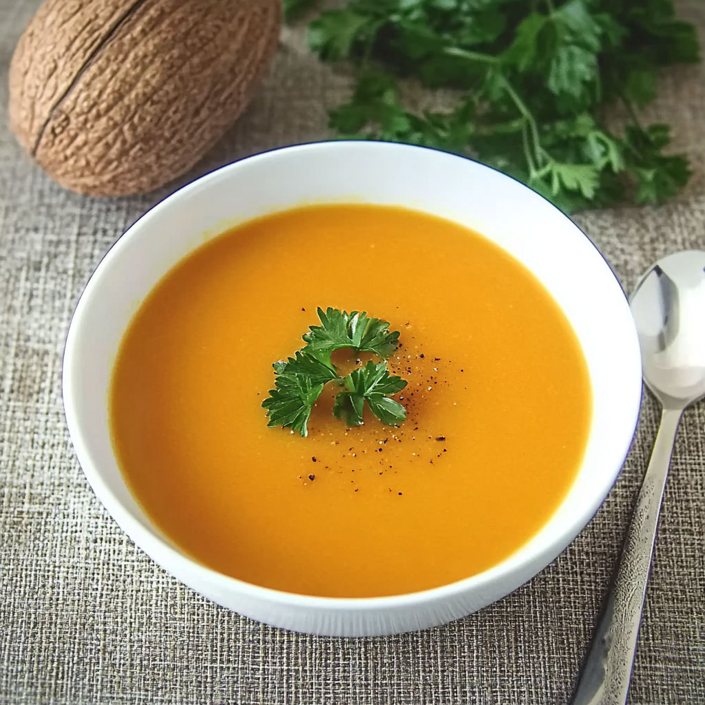 A bowl of soup with a spoon in it.