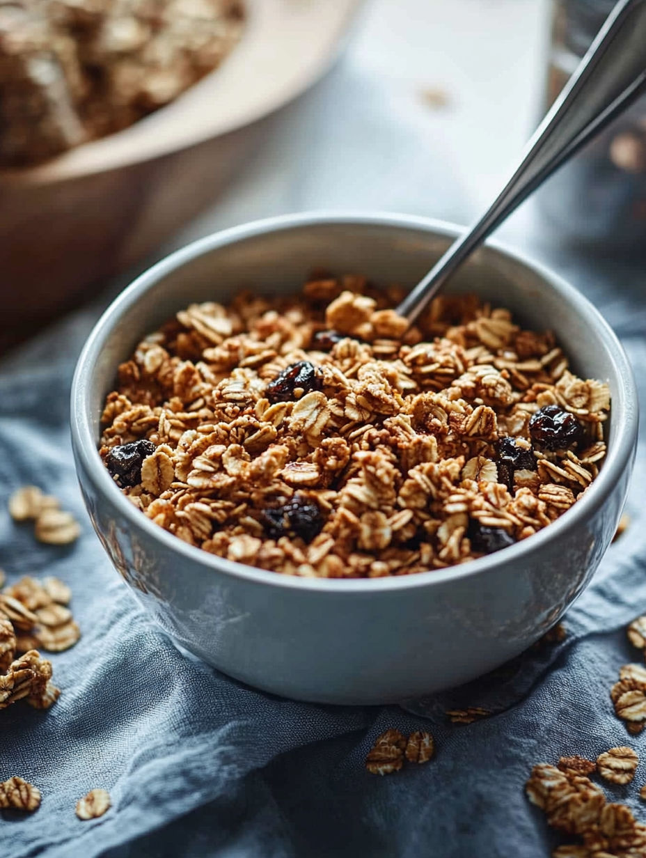A bowl of cereal with a spoon in it.