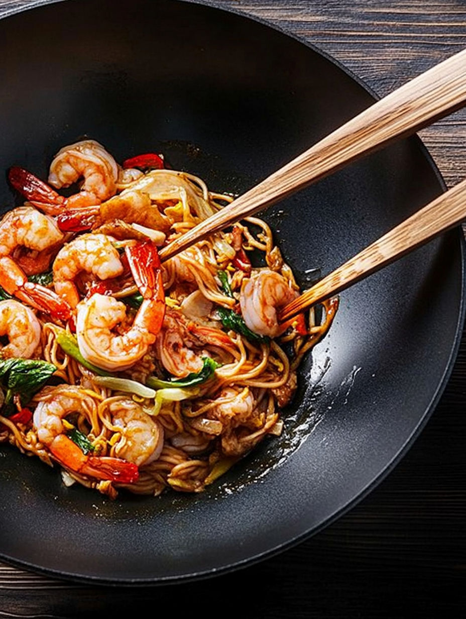 A bowl of shrimp and noodles with chopsticks.