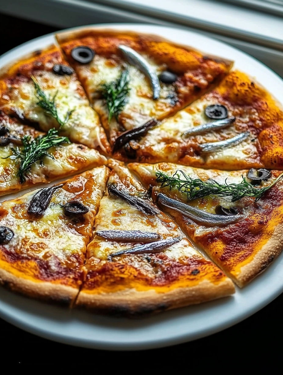 A pizza with olives and herbs on top.