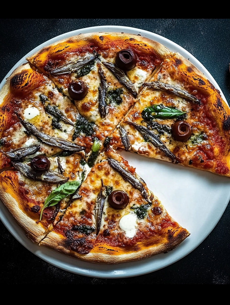 A slice of pizza with olives and anchovies.