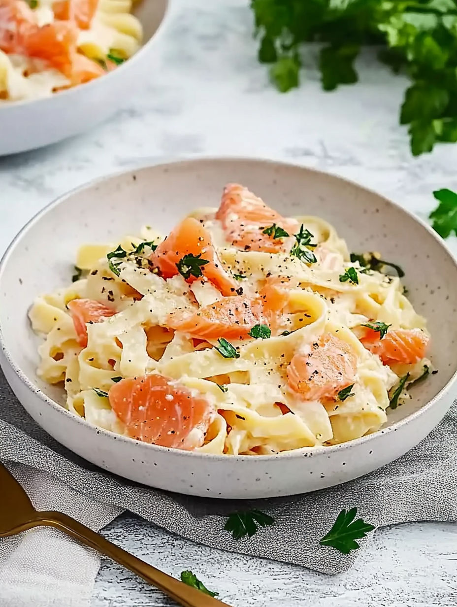 A bowl of pasta with salmon and herbs.