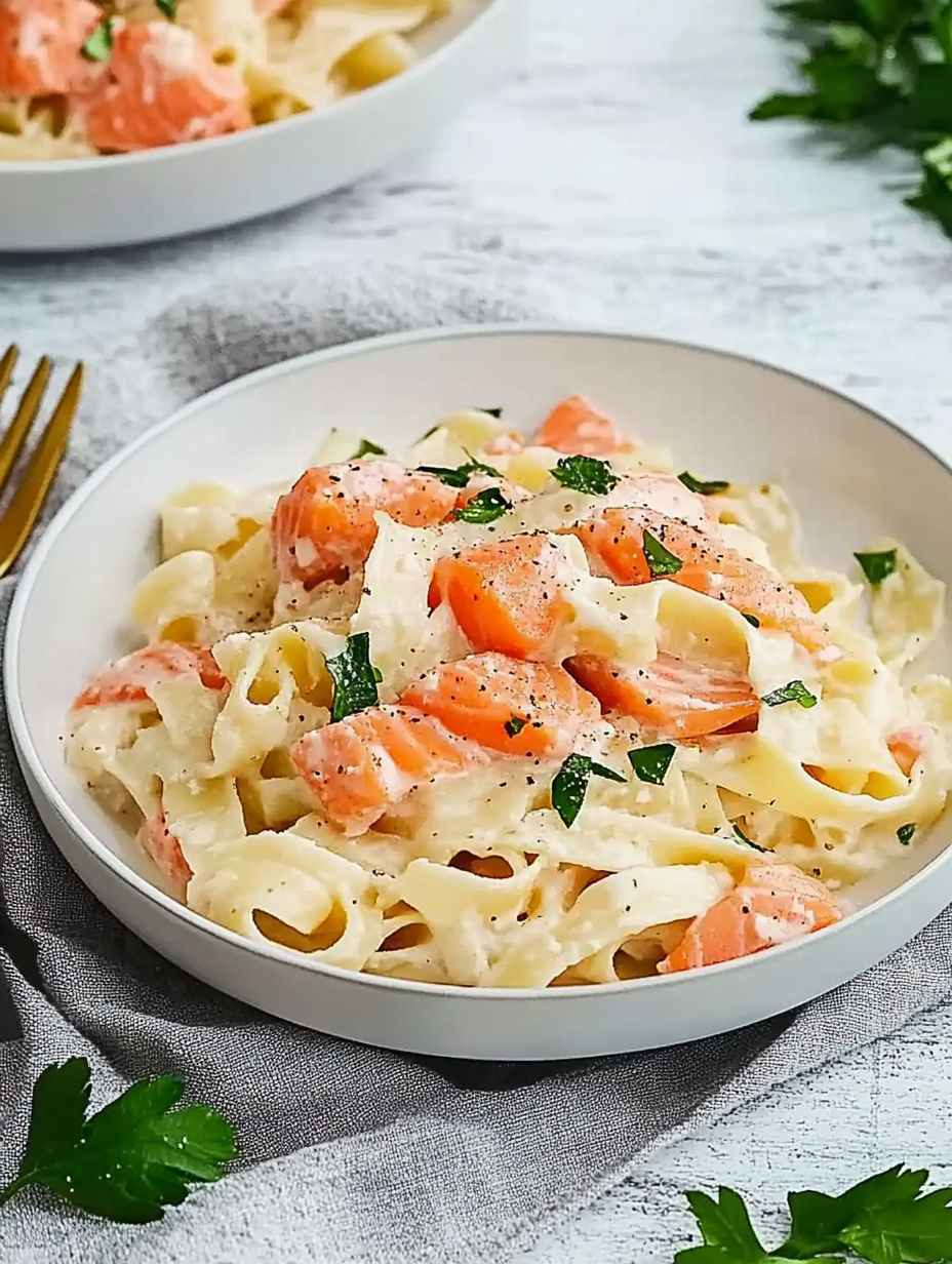 A bowl of pasta with salmon and herbs.