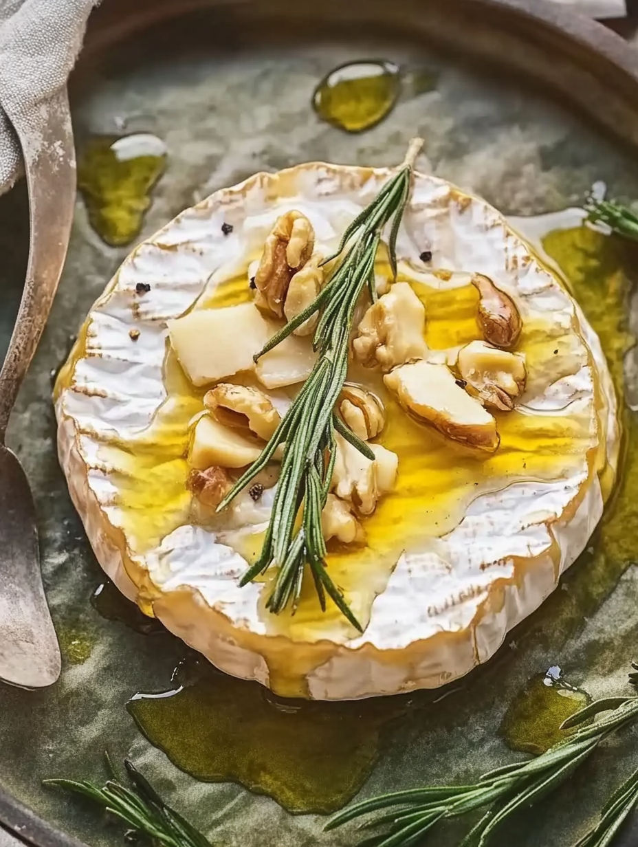 A slice of camembert cheese with nuts and herbs on top.