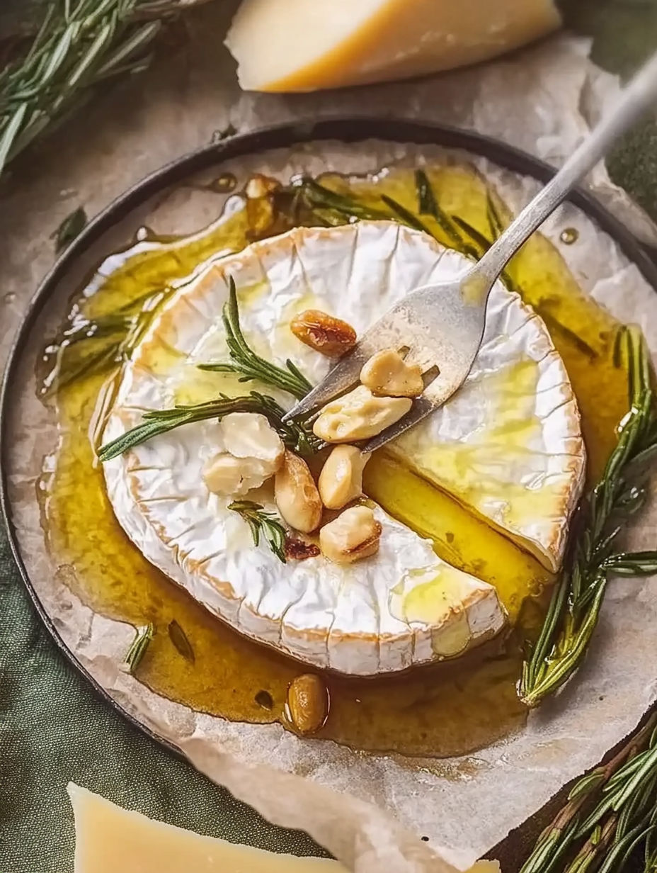 A slice of camembert cheese with nuts and honey.