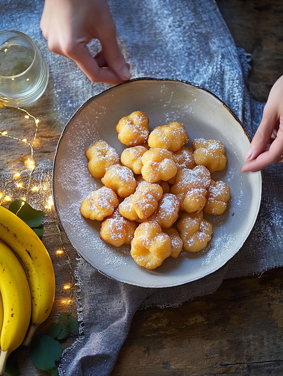 A bowl of doughnuts with powdered sugar.