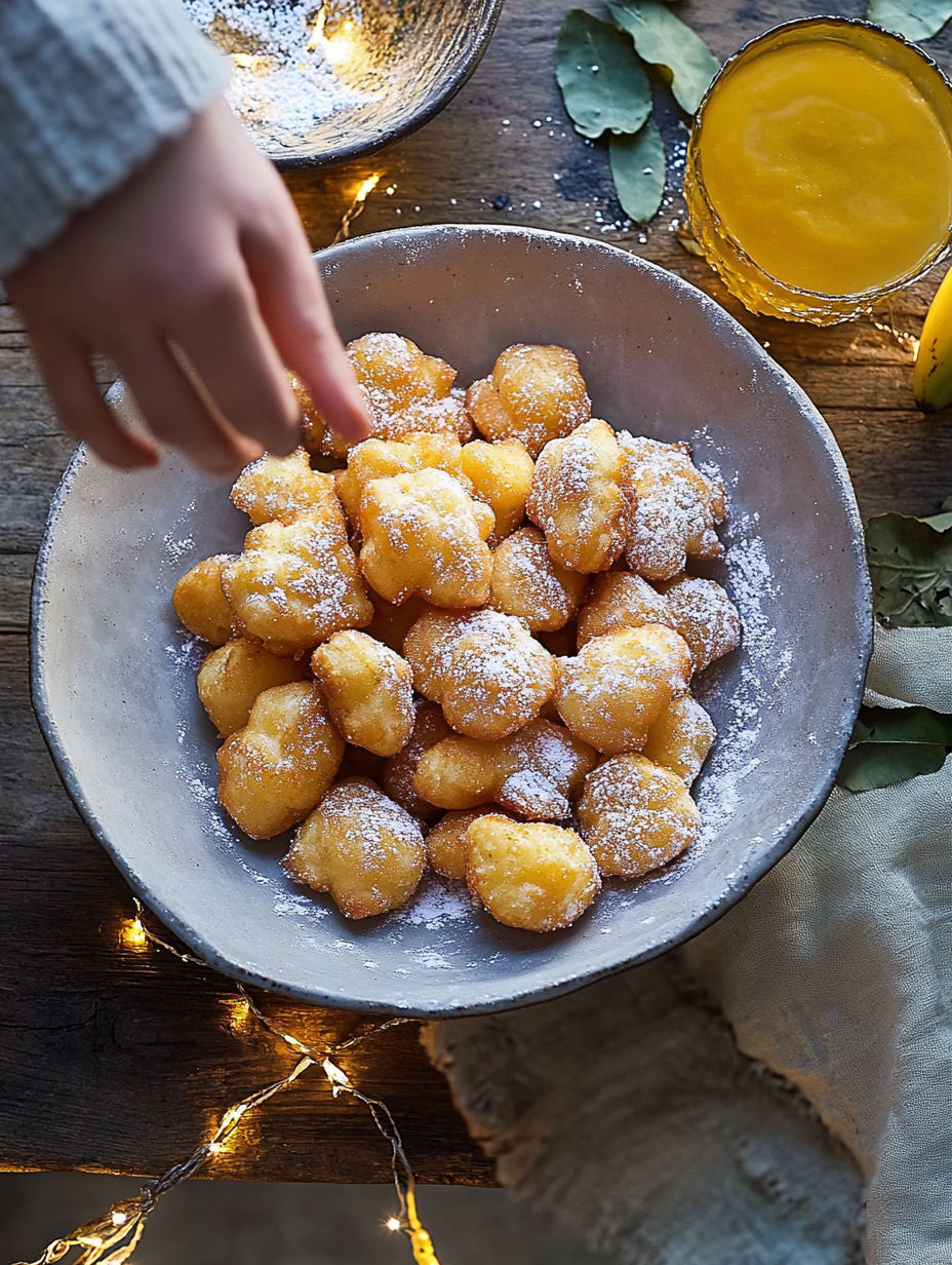 A bowl of powdered doughnuts.