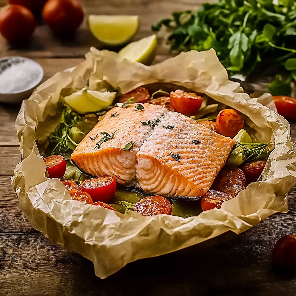 A plate of salmon with tomatoes and herbs.