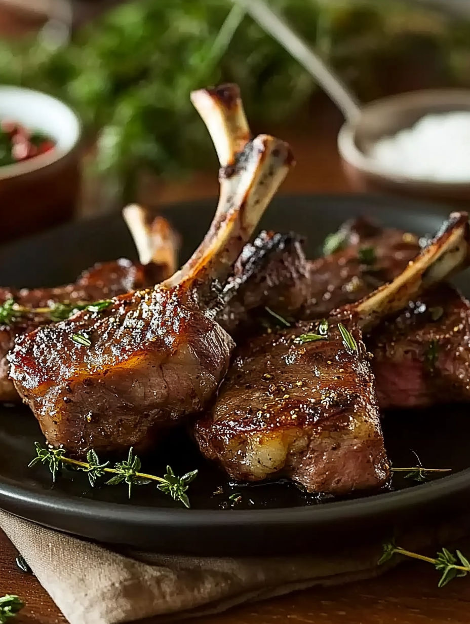 A plate of meat with a sprig of parsley on top.