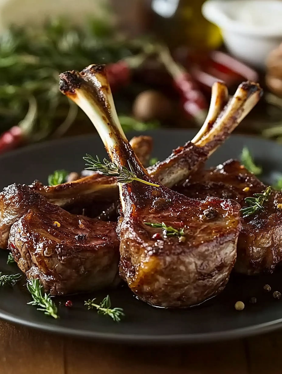 A plate of meat with a sprig of parsley on top.