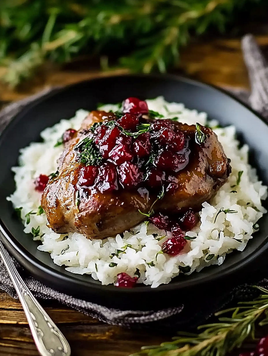 A plate of meat with rice and berries.
