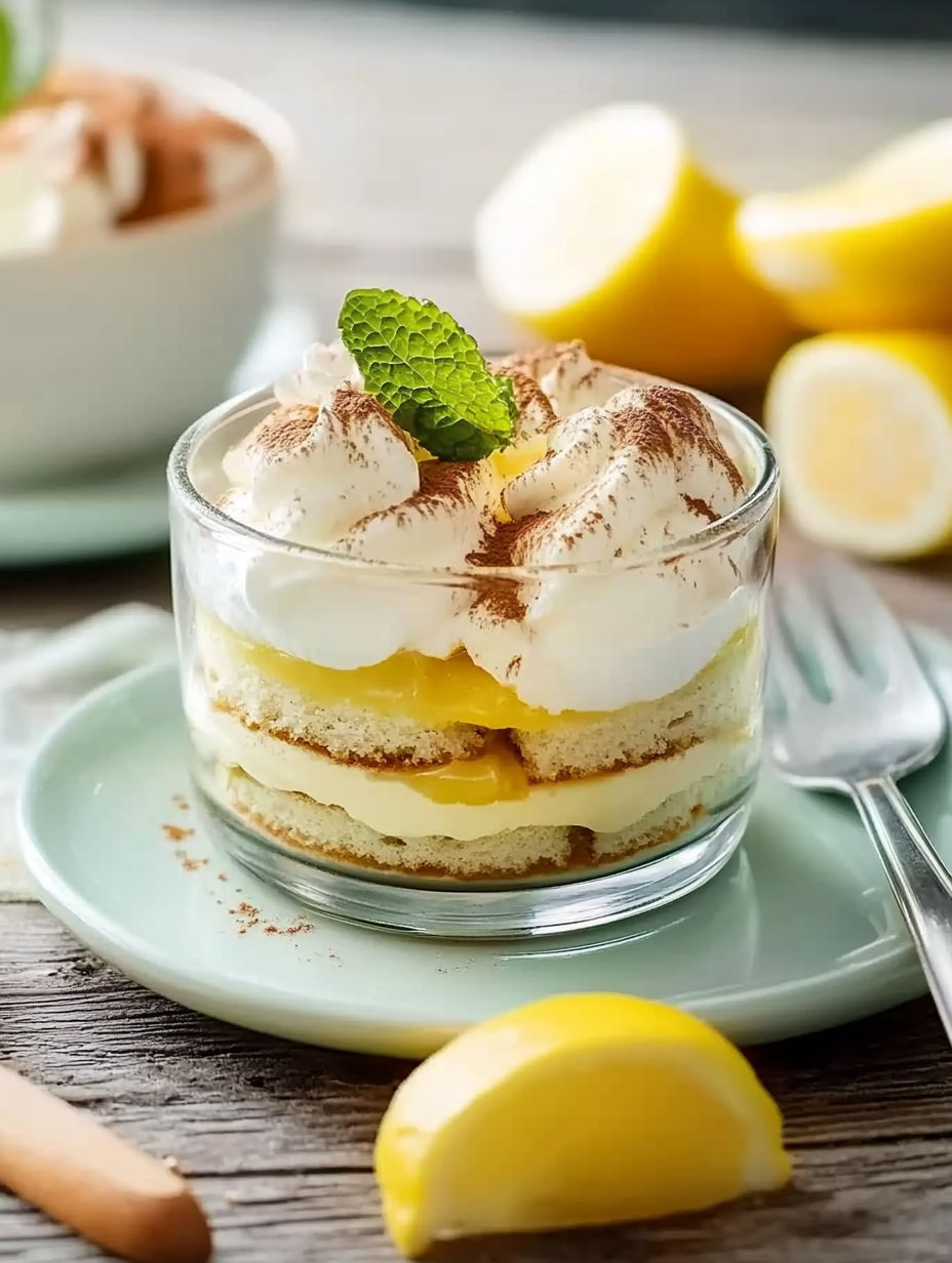 A dessert with lemon and mint on top.