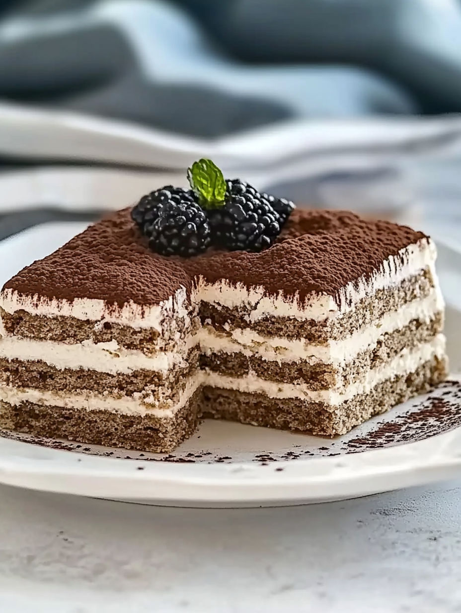 A slice of cake with a blackberry on top.