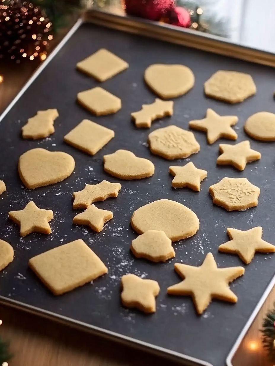 A pan of cookies with various shapes and designs.