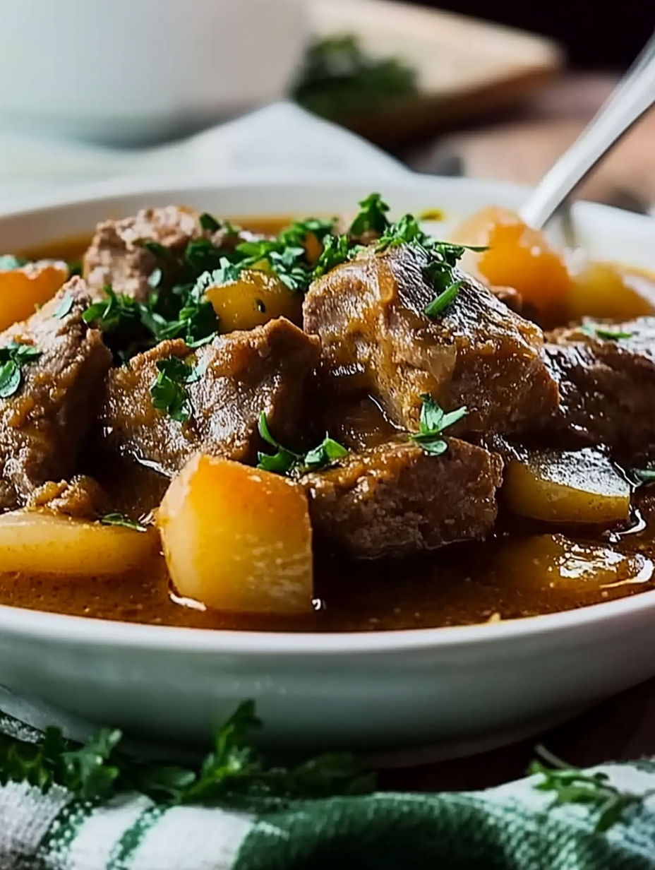 A bowl of meat and vegetables.