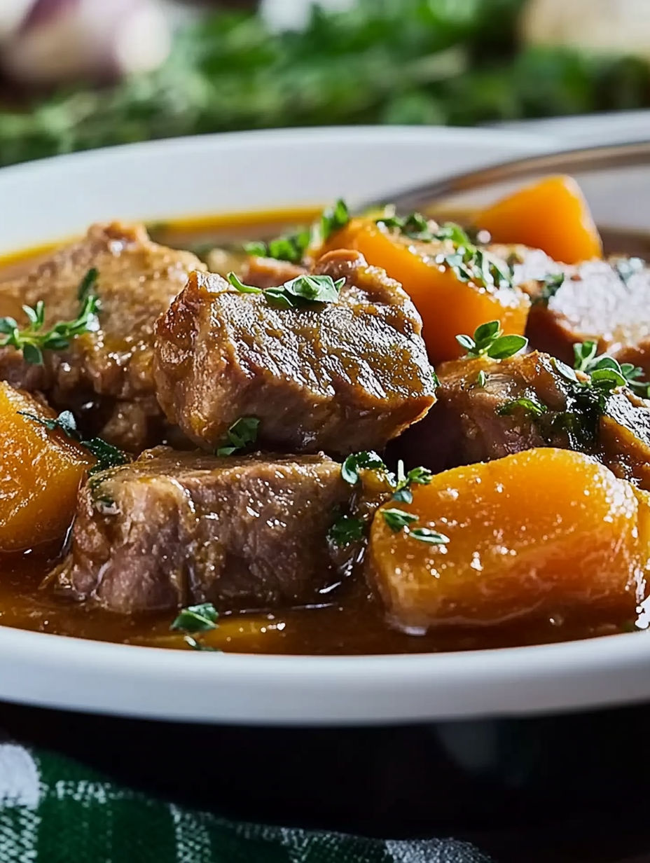 A bowl of stew with meat and vegetables.