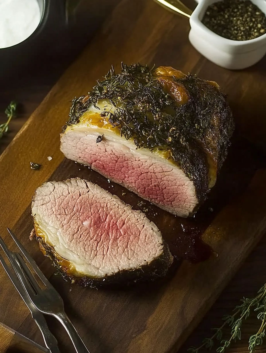A piece of meat with a green herb on top.