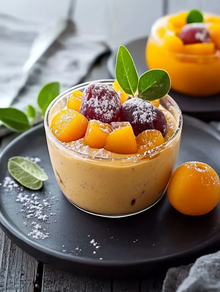 A bowl of fruit with a peach, orange, and cherry.