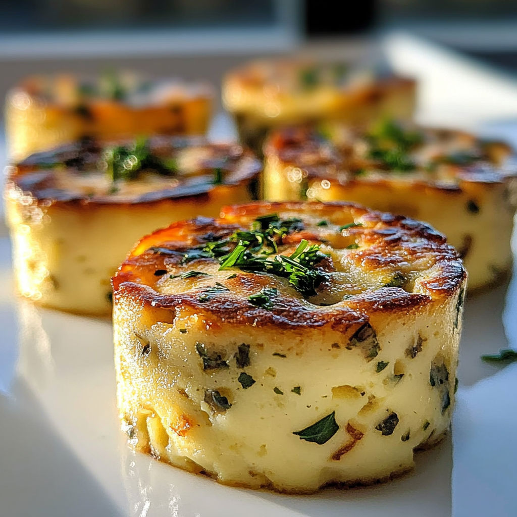 Four small cakes with green toppings.