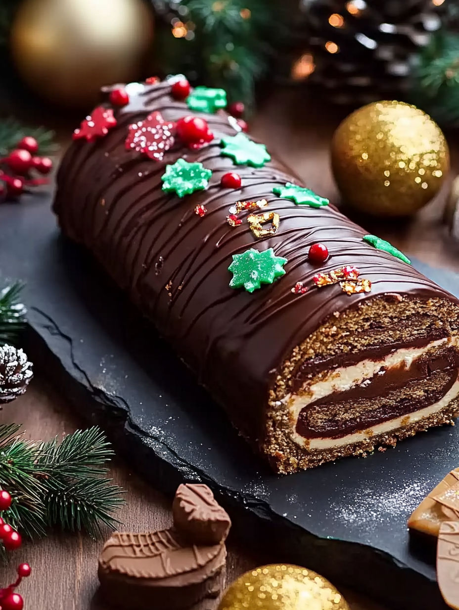 A chocolate cake with a white frosting and green and red decorations.