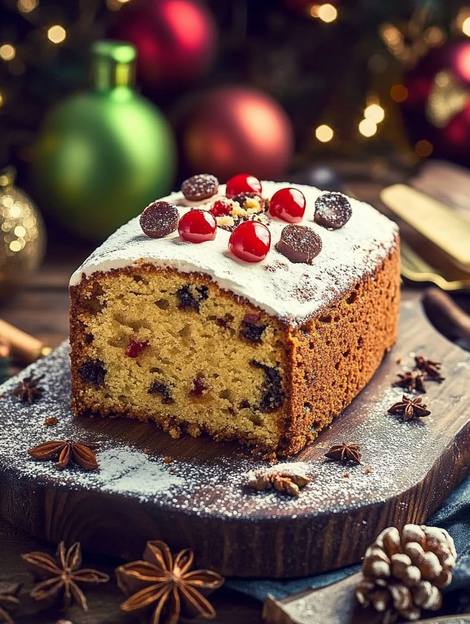 A slice of cake with white frosting and red berries.
