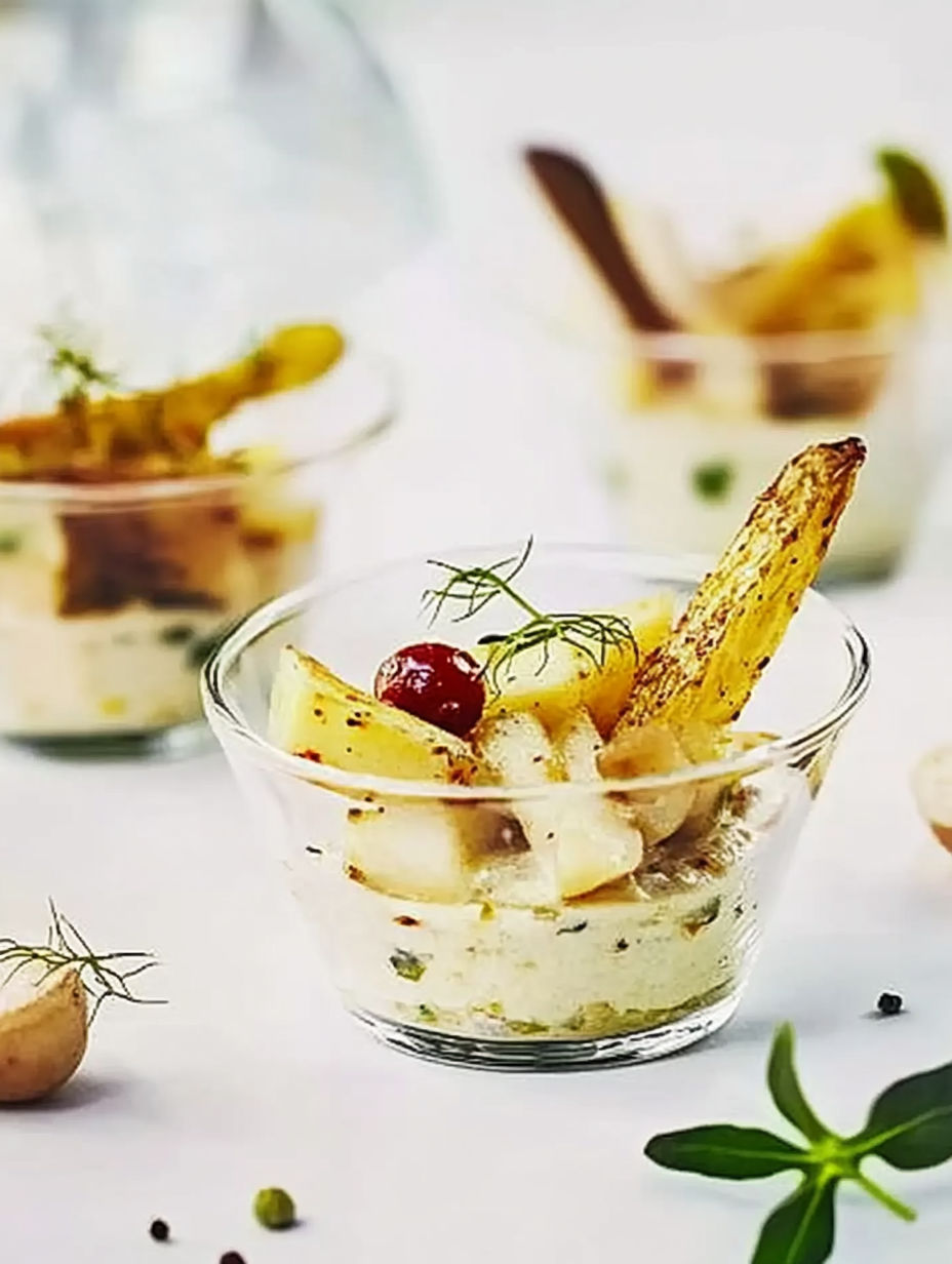 A bowl of food with a slice of pineapple and a cherry on top.