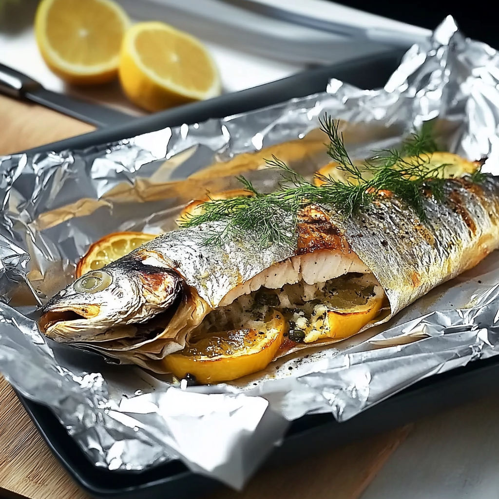 A fish is cooked in a foil with lemon slices and herbs.