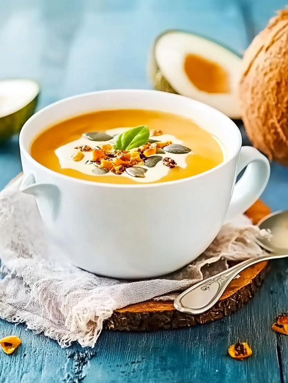 A white cup of soup with a spoon in it.