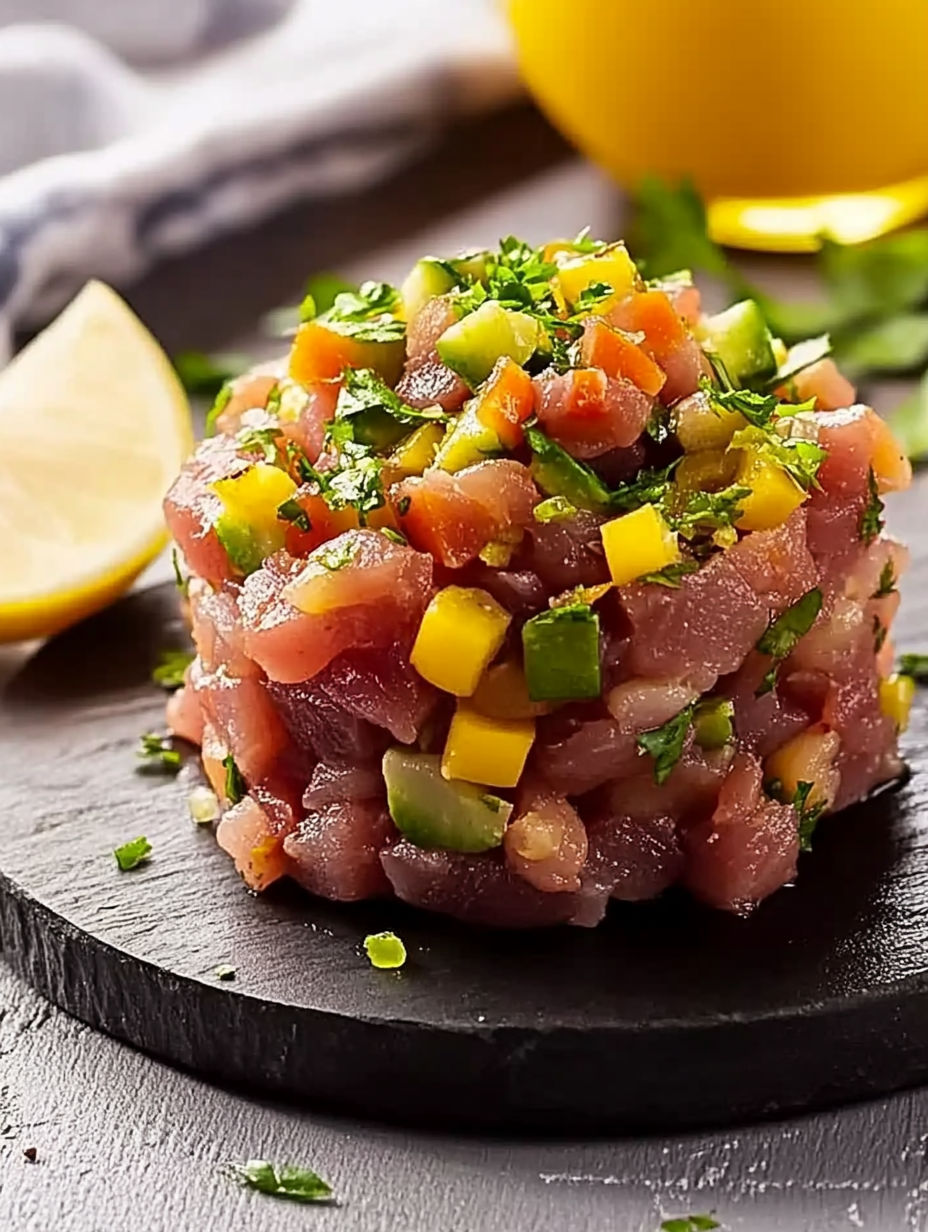 A piece of food with a lemon wedge on top.