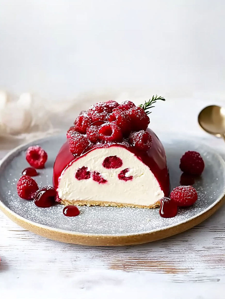 A slice of raspberry cheesecake with raspberries on top.