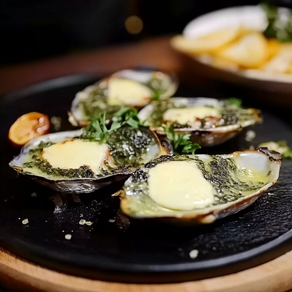 A plate of oysters with sauce on it.