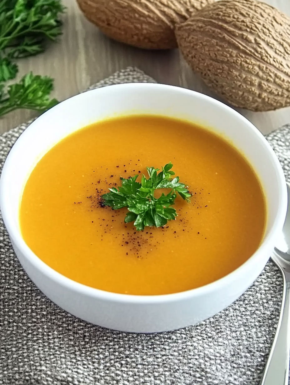 A bowl of soup with a green herb on top.
