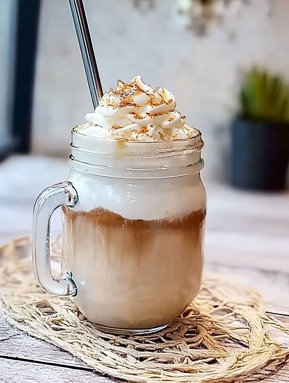 A glass of milk with whipped cream and a straw.