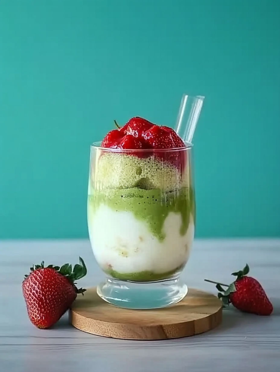 A glass of green smoothie with strawberries on top.