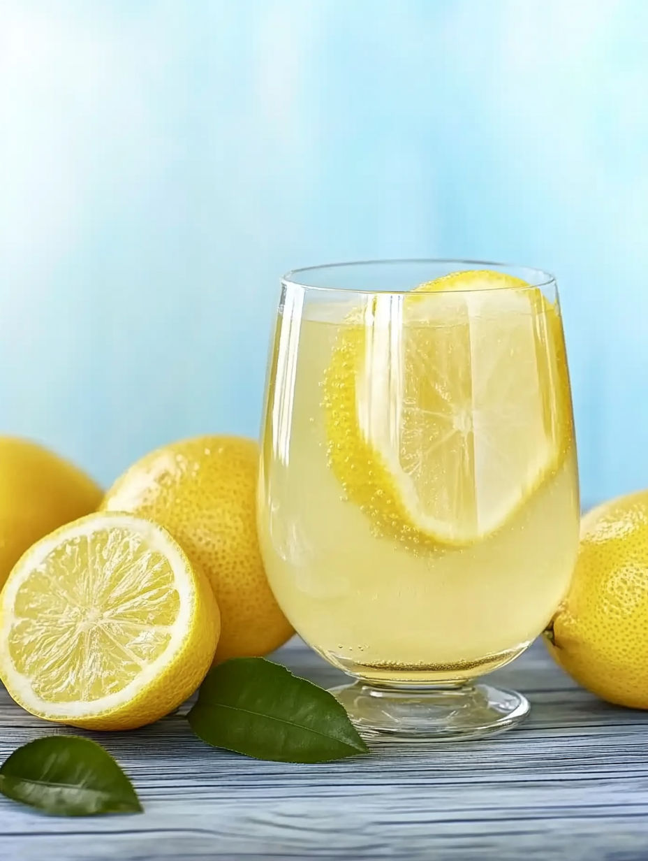 A glass of lemonade with lemon slices in it.