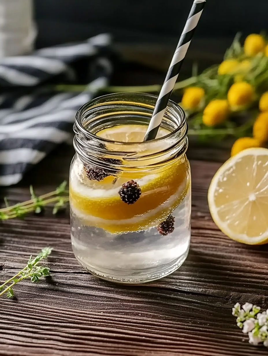 A glass of lemonade with lemon slices and blackberries.