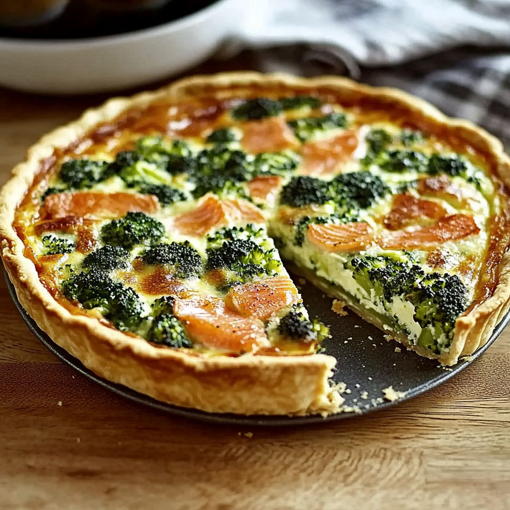 A slice of quiche au brocoli et saumon fumé fait maison.