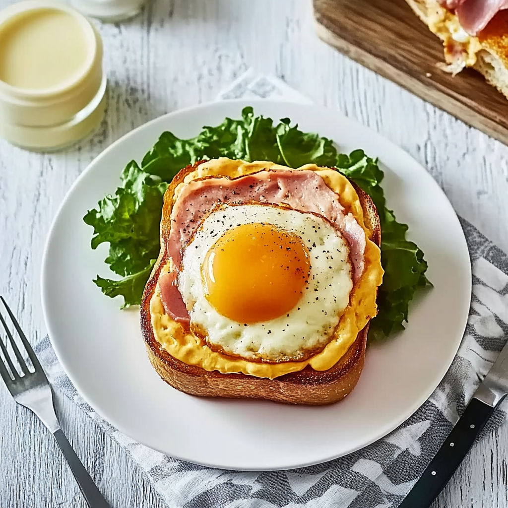 A croque madame with a fried egg on top.