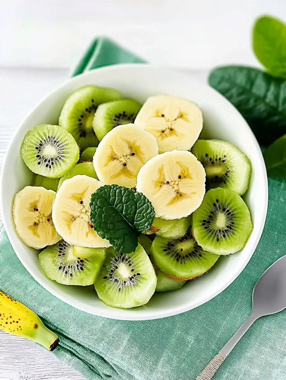 A bowl of fruit with kiwi, banana, and mint.