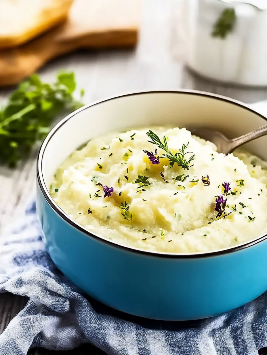 A bowl of mashed potatoes with herbs and spices.