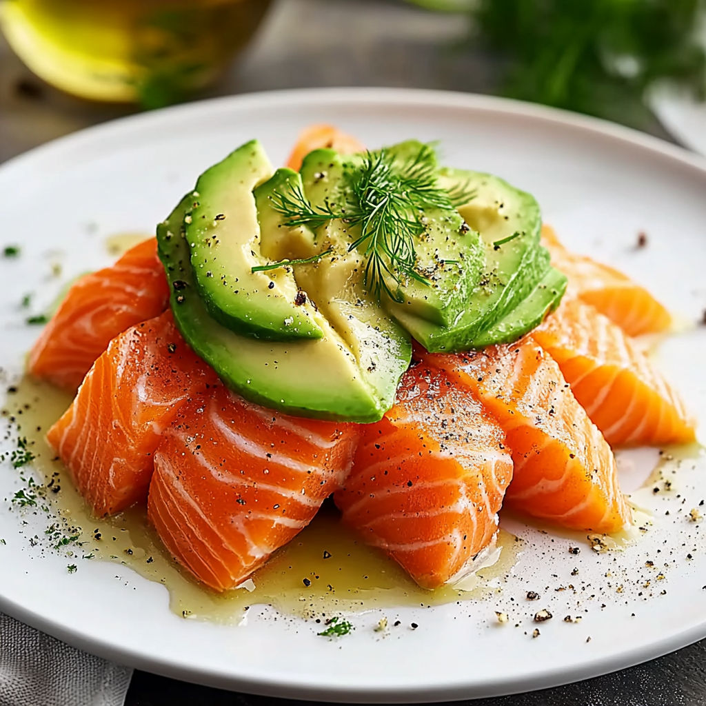 A plate of food with avocado and salmon.